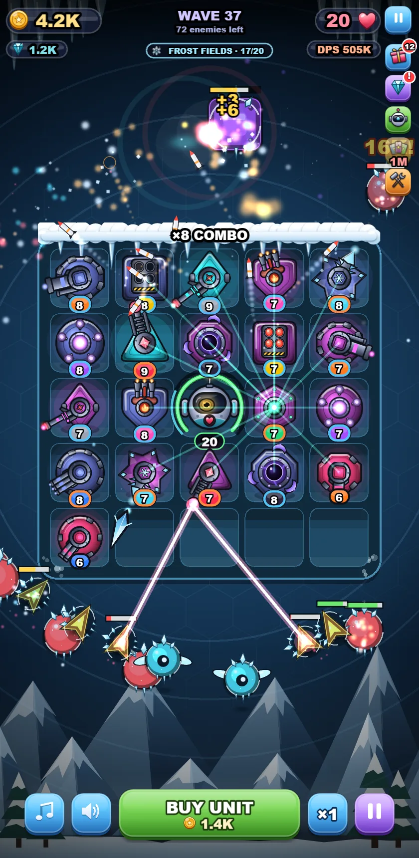 Portrait battle on a phone: Frost Fields, wave 37, the eye laser firing