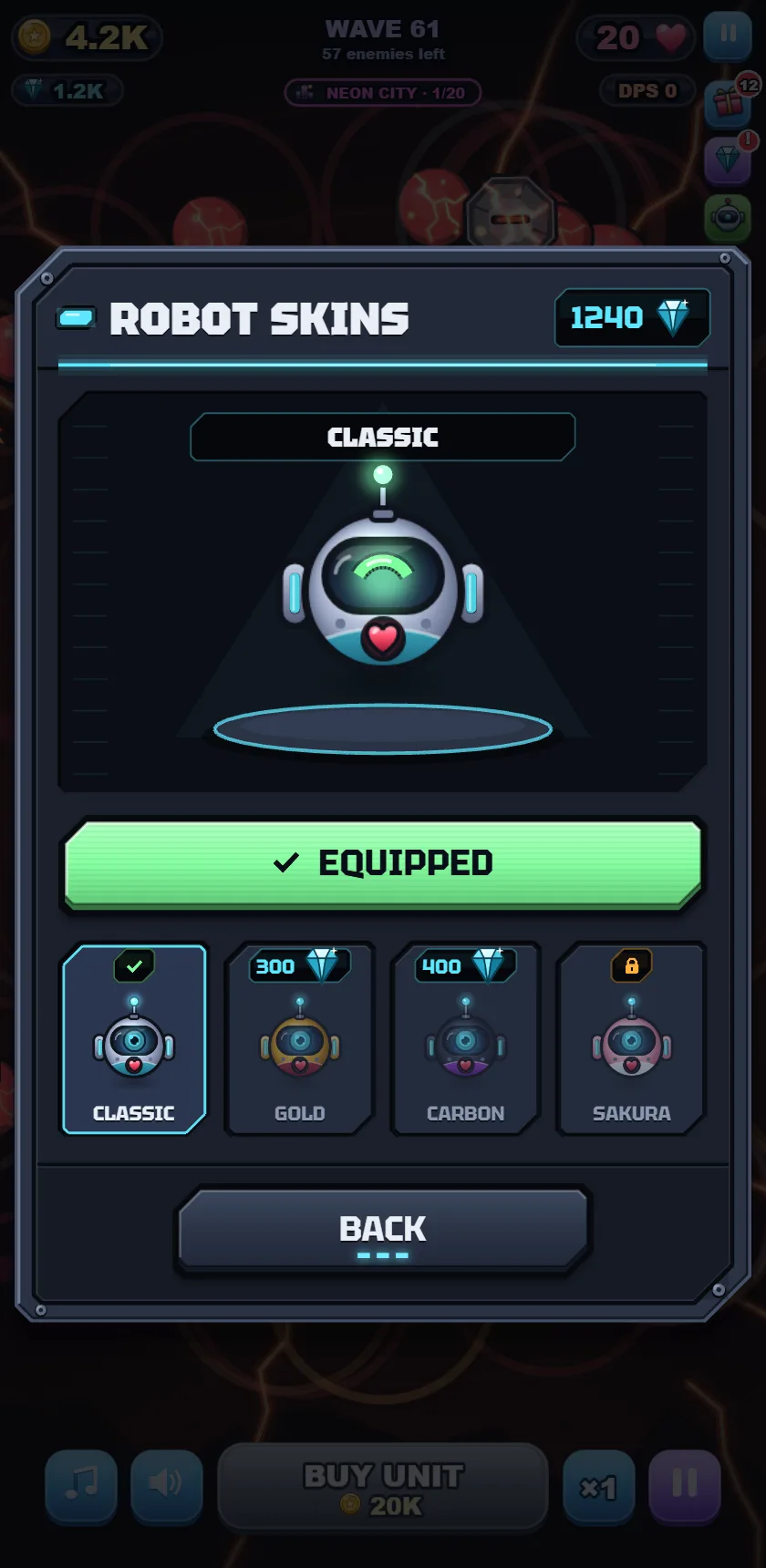 Robot skins hatch: Classic, Gold, Carbon and Sakura robots